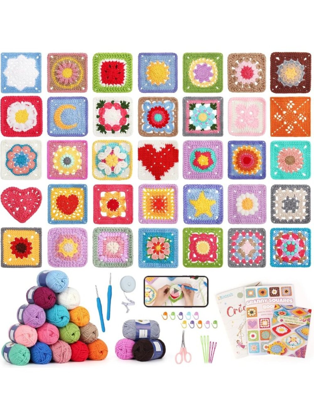 Crochet Kit for Beginners - 50 Floral Granny Square Patterns for Adults
